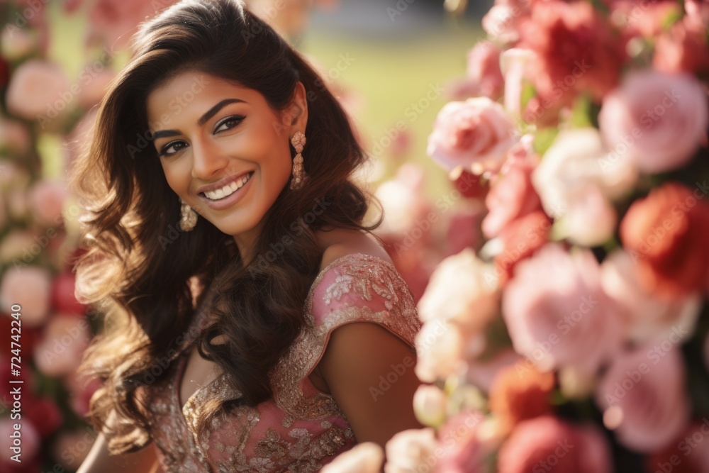 Wall mural a smiling beautiful indian woman wearing ethnic costumes against a background filled with flowers