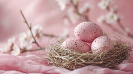 Fototapeta na wymiar Pink easter eggs in bird nest at table with natural material background