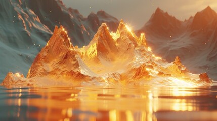Snow-capped mountains bathed in golden sunlight against a tranquil water surface