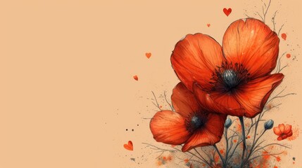 a couple of red flowers sitting on top of a wooden table next to a vase filled with watercolor hearts on a light orange background with a black spot in the middle.