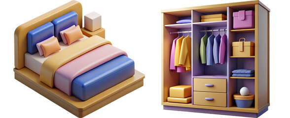 Cartoon Bedroom Furniture Set Illustration. A cartoon illustration of bedroom furniture featuring a cozy bed and a well-organized wardrobe with various clothing items.
 - obrazy, fototapety, plakaty