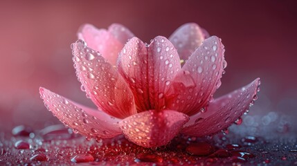  a close up of a pink flower with drops of water on the petals and on the petals the petals are pink and the petals are pink with water droplets on the petals.