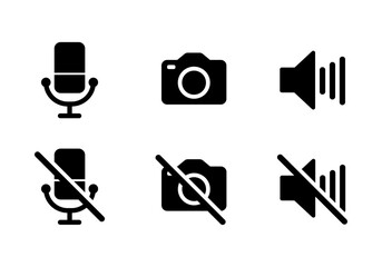 Video call icon set with loudspeaker, mute, camera on, camera off, microphone on and microphone off icon in black color on white background - Vector Icon - obrazy, fototapety, plakaty