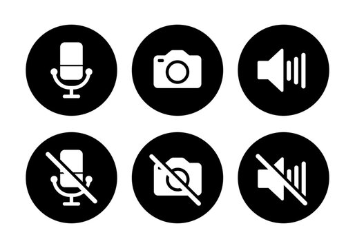 Video call icon set. Loudspeaker, mute, camera on, camera off, microphone on and microphone off icon in black circle on white background - Vector Icon