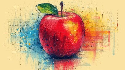  a painting of a red apple with a green leaf on it's tip and a yellow background with a splash of paint on the bottom half of the image.