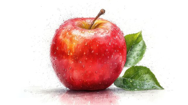  a painting of a red apple with a green leaf on a white background with drops of water on the top and bottom of the apple, with a green leaf on the bottom of the.