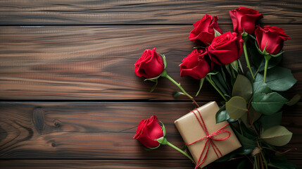 Bouquet of red roses and gift box on a wooden background
