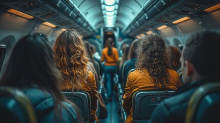 A seat on board an airplane, with passengers in the seats and stewardesses walking the aisle. Vintage color and selective focus. - obrazy, fototapety, plakaty