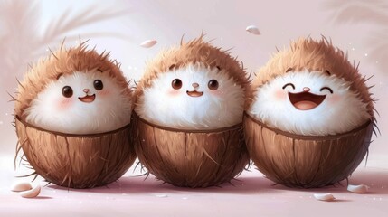  a group of three little hedgehogs sitting inside of coconuts with their faces painted to look like they're talking to each other side of the same. - obrazy, fototapety, plakaty