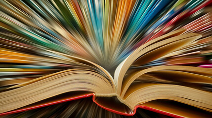 Open book with colorful pages in the shape of a heart, abstract background