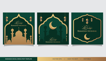 Islamic template background, green set square banner for ramadan kareem feed social media post - obrazy, fototapety, plakaty
