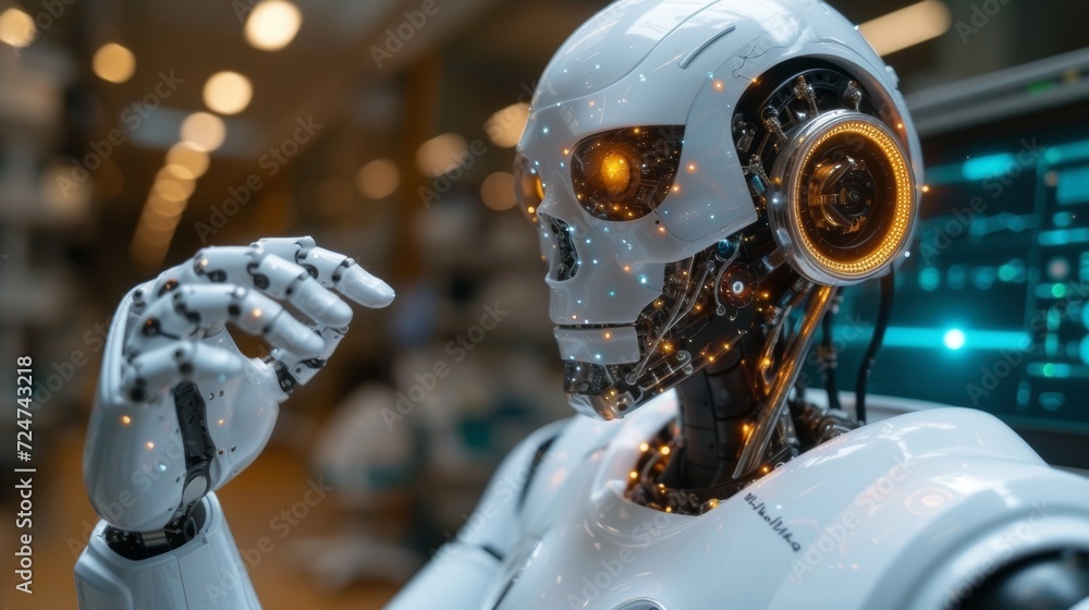 Aufkleber The robot hand AI artificial intelligence assistance for medical healthcare practices operation surgical performance, uniting human and artificial intelligence, displaying graphical icons on a blue