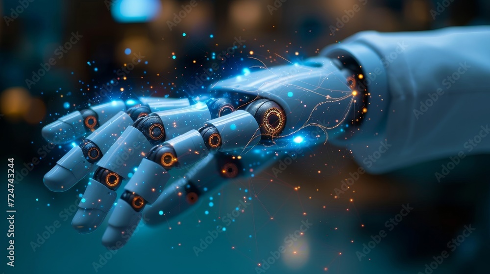 Aufkleber AI hand robot with graphical icon display for medical and healthcare practices, offering artificial intelligence assistance for surgical performance, integration of human and AI concept, and blue