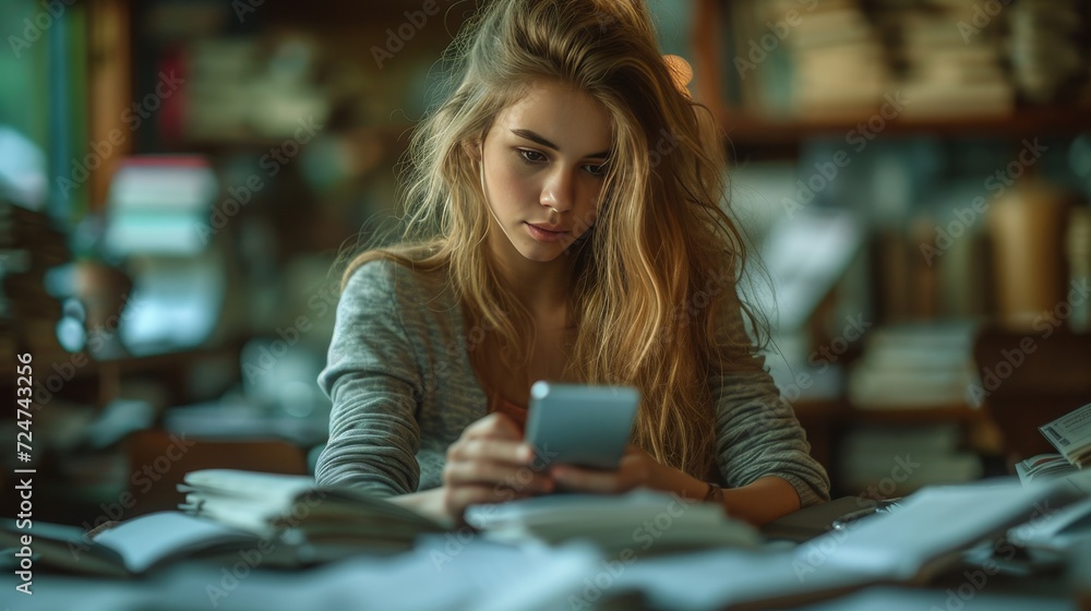 Poster the image shows a businesswoman using modern devices and a student girl using a digital tablet compu