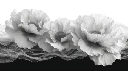  a black and white photo of three white flowers on a black and white photo of three white flowers on a black and white photo of three white flowers on a black background.