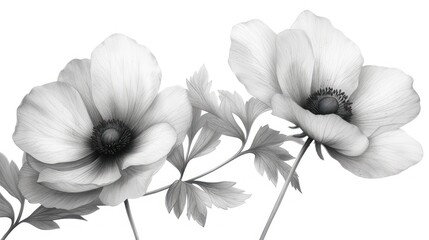  a black and white photo of three flowers on a stem with leaves and petals on a stem with leaves and petals on a stem, on a white background with black and white.
