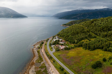 Aerial View of a Coastal Road next to a Railway in Northern Norway