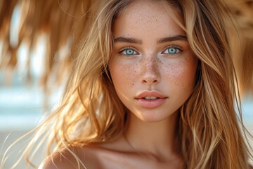 An ethereal beauty with a sun-kissed complexion and piercing blue eyes gazes confidently into the camera, her long brown hair cascading in layers as she rocks a surfer-inspired style - obrazy, fototapety, plakaty