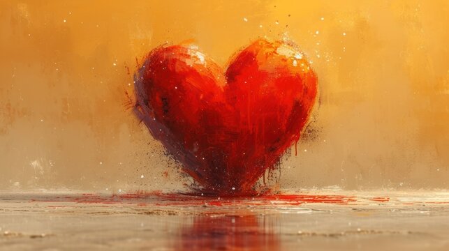  a painting of a red heart sitting on top of a floor next to a puddle of red paint on the floor and a yellow wall behind it is a yellow background.