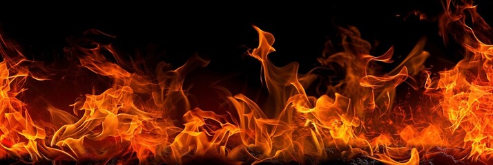 Fiery Inferno Glow: Red and orange flames at the bottom of the image, isolated on a black background, creating a dramatic and intense fiery inferno glow. - obrazy, fototapety, plakaty