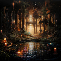ancient secret city, night view, painting