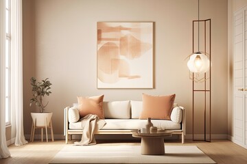 Villa living room design interior with beige furniture, peach walls, hardwood flooring, and sofa with lamp. Copy space mockup wall poster above cabinet. Relaxation idea