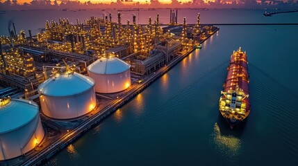 Aerial view of Oil terminal storage tank, Tank farm storage chemical petroleum petrochemical refinery product at oil storage terminal company, Business trade fuel energy transport. Generative AI. - obrazy, fototapety, plakaty