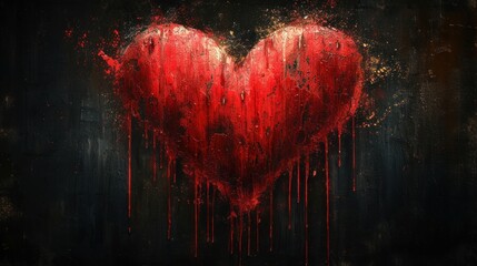  a painting of a red heart on a black background with red paint dripping down the side of the heart and dripping down the side of the top of the heart.