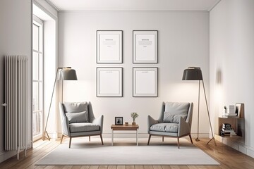 Interior of a light living room with a white poster that is blank, two cozy grey armchairs, a chair, coffee table with a book, carpet, and parquet flooring. ideal location for waiting and meeting. a m