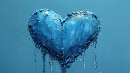  a heart shaped piece of blue liquid with drops of water coming out of the top of it and a drop of water coming out of the bottom of the heart.