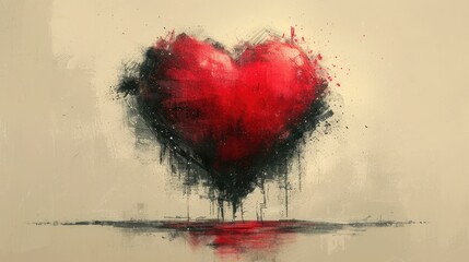  a painting of a red heart with black splatkles on a white background with a reflection of a body of water in the foreground and a white background.