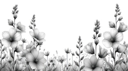  a black and white photo of a field of flowers with grass in the foreground and a white sky in the background with a few clouds in the foreground.