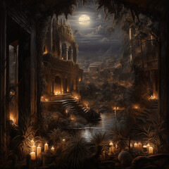 ancient secret city, night view, painting