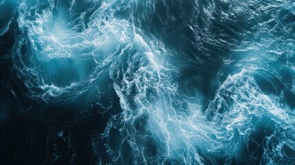 Aerial view of deep blue sea with frothy waves - obrazy, fototapety, plakaty
