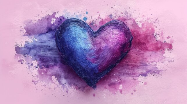  a painting of a blue and pink heart on a pink and purple background with watercolor splashes on the left side of the heart and the right side of the heart.