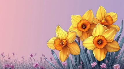  a painting of yellow daffodils in a field of purple and pink flowers on a purple and pink background with a pastel sky in the back ground.