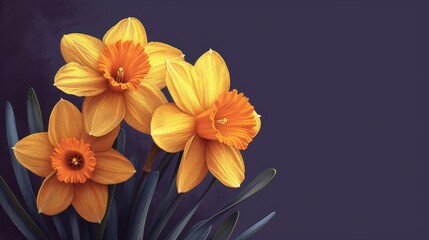  a bouquet of yellow daffodils on a purple background with a dark blue sky in the background and a dark blue sky in the middle of the picture.