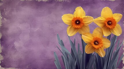  a bunch of yellow daffodils on a purple and purple background with a grunge effect to the bottom of the picture and bottom of the image.