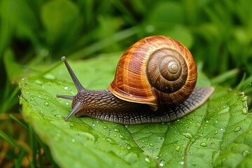 A tiny lymnaeidae snail rests peacefully on a vibrant green leaf, its delicate shell blending in with the surrounding grass in a serene outdoor field
