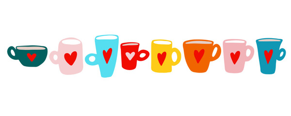 Hand drawn mug set. Doodle cup with hearts for Valentine's Day. Stock vector illustration isolated on a white background.