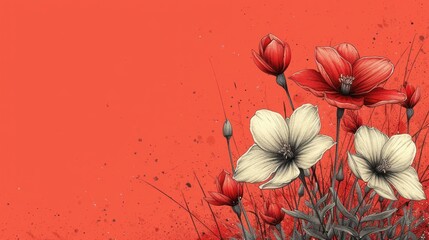  a bunch of red and white flowers on a red background with a black and white drawing of a bunch of red and white flowers on a red background with a black and white border.