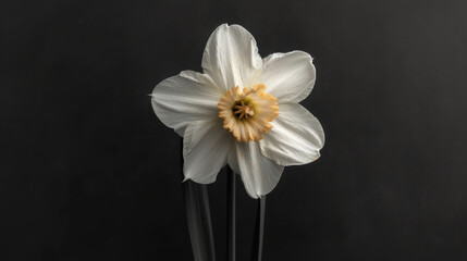  a white daffodil with a yellow center in front of a black background with the word love written across the middle of the image and a yellow center of the daffodil.