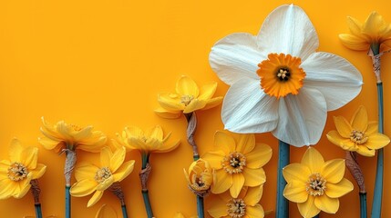  a group of yellow and white flowers on a yellow background with a white and orange flower in the middle of a row of yellow and white flowers on a yellow background.