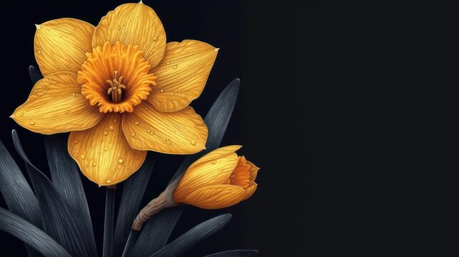  two yellow daffodils on a black background with water droplets on the petals and a black background with a black border to the bottom right of the image.