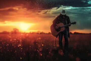 Amidst the golden glow of a setting sun, a rugged cowboy serenades the open sky with his soulful guitar melodies, his silhouette a striking contrast against the billowing clouds - obrazy, fototapety, plakaty