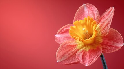  a close up of a flower with a red and yellow center and a yellow stamen in the middle of the center of the flower, on a red background is a red wall.