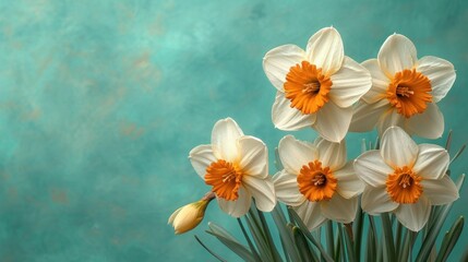  a bouquet of white and orange daffodils against a teal green background with copy - space for a textural message or a greeting card or a special occasion.
