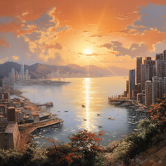 Naklejka premium sunrise sunset of urban city, abstract painting