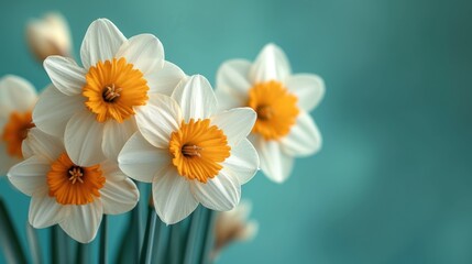 a bunch of white and yellow flowers sitting on top of a green planter in front of a teal blue background and a blue wall with a few yellow and white daffodils in the foreground. - obrazy, fototapety, plakaty