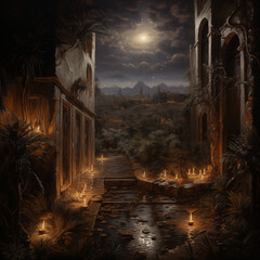 ancient secret city, night view, painting